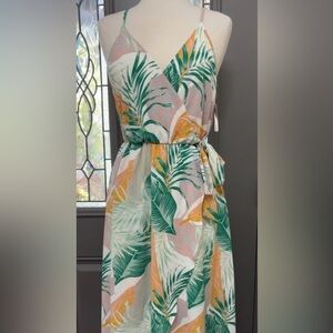 Dream of Me Tropical Leaf Print High Low Midi Wrap Dress
